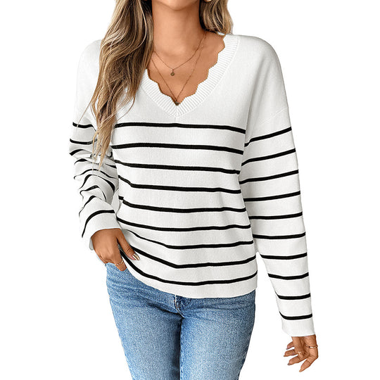 Damen Strickpullover mit V-Ausschnitt und modischem Streifenmuster R&B
