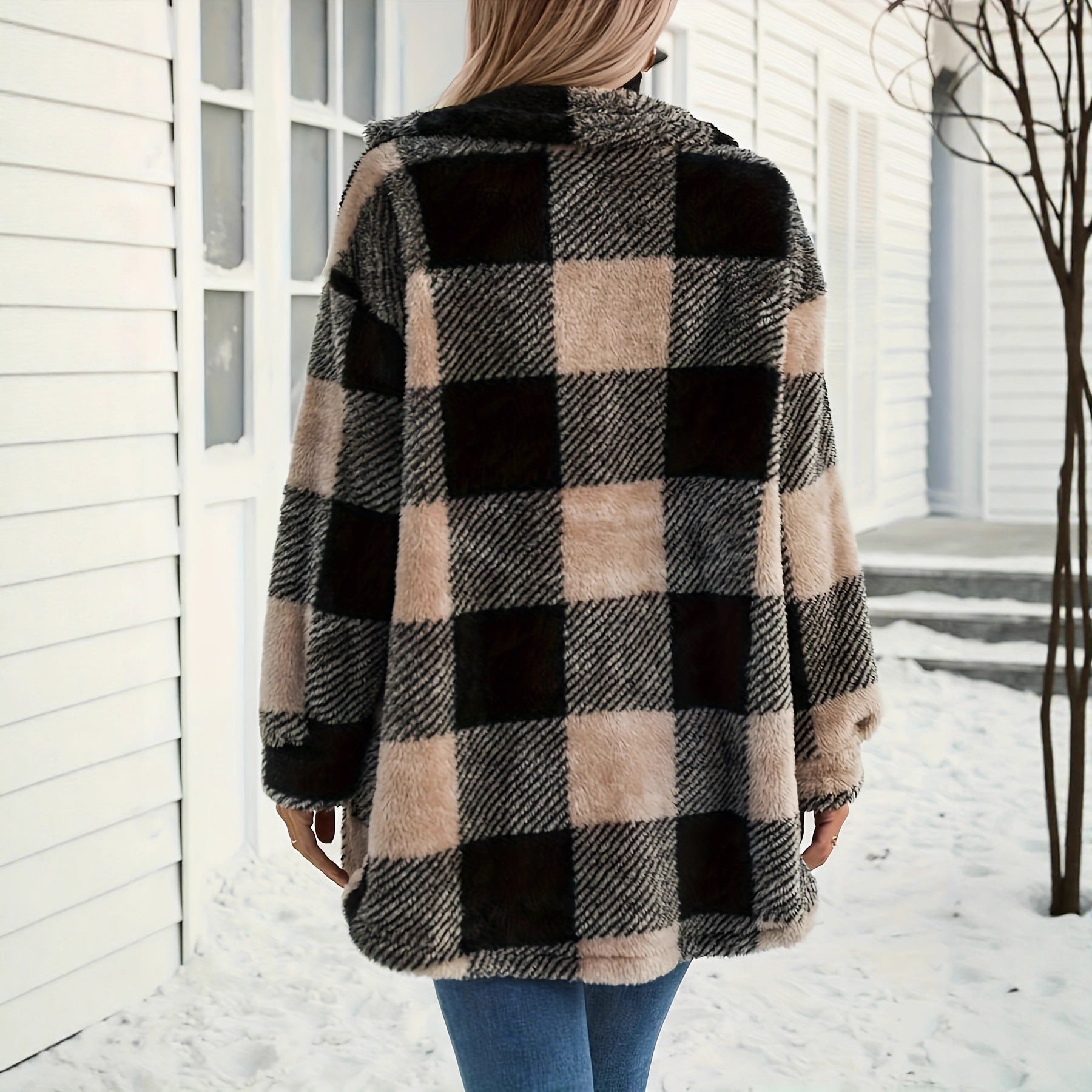 Damen Teddyjacke mit kariertem Muster und weichem Fell