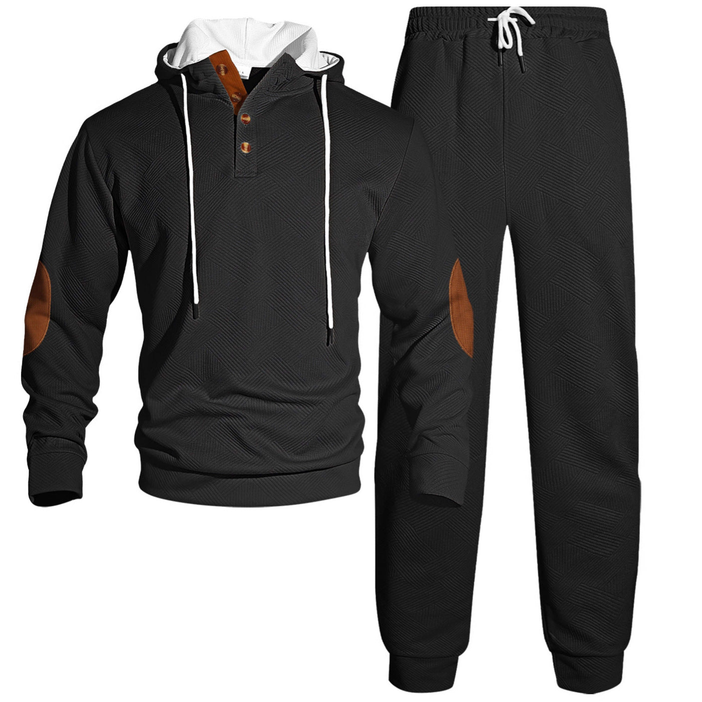 Herren nan Waffelstruktur Henley-Kapuzen-Set mit Holzknopfleiste Ellbogen-Patches und konischer Jogginghose R&B