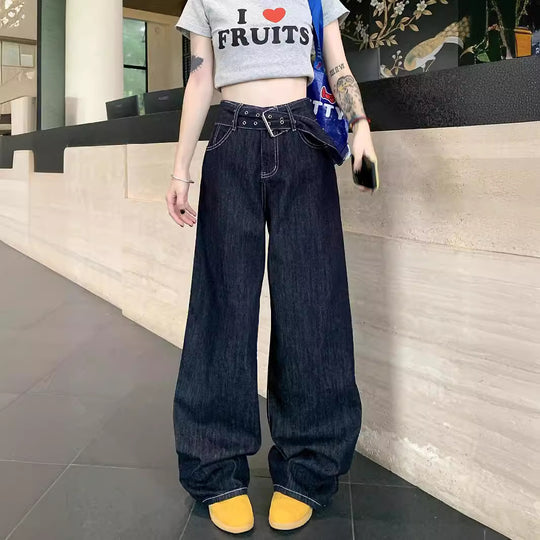 Damen Weite Jeans mit modischem Gürtel und einzigartigem Schnitt R&B