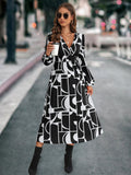 Damen Midikleid mit modernem geometrischen Muster und elastischem Bund R&B