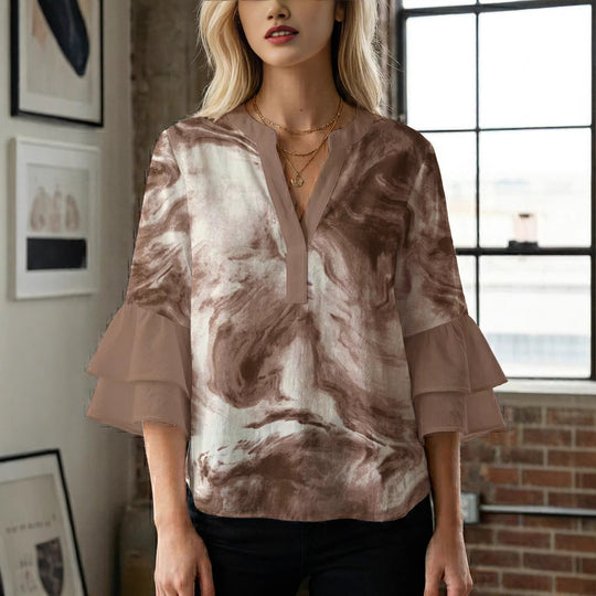 Damen lässige Bluse mit Volantärmeln und botanischem Druck R&B