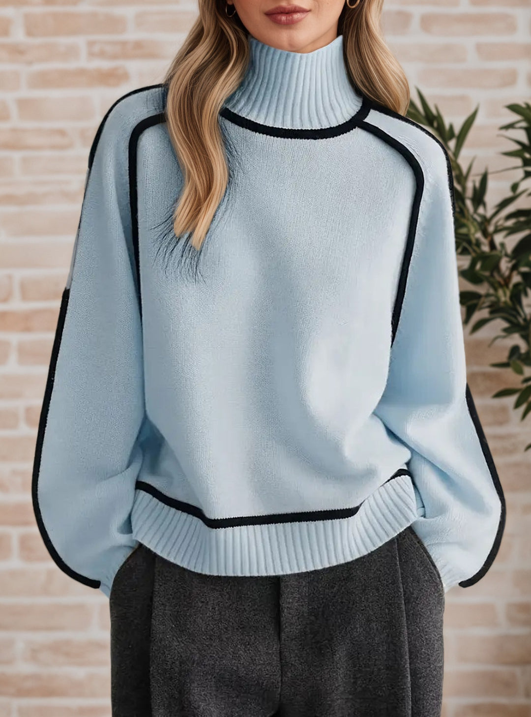 Damen Pullover mit hohem Kragen und Volumenärmeln R&B
