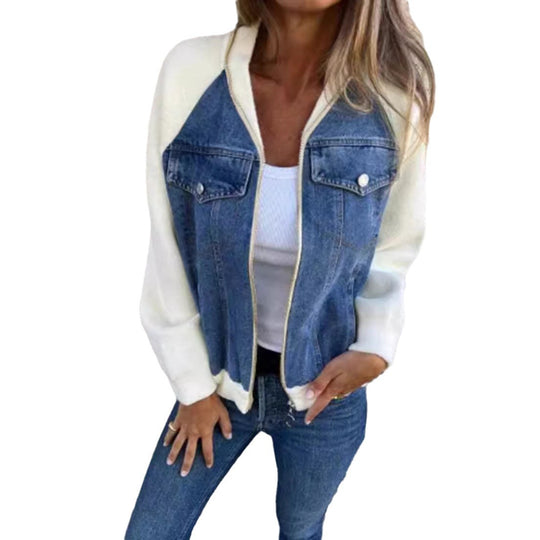 Damen nan Sweat-Jeans-Bomberjacke mit Raglanärmeln Brustklappen und Reißverschluss R&B