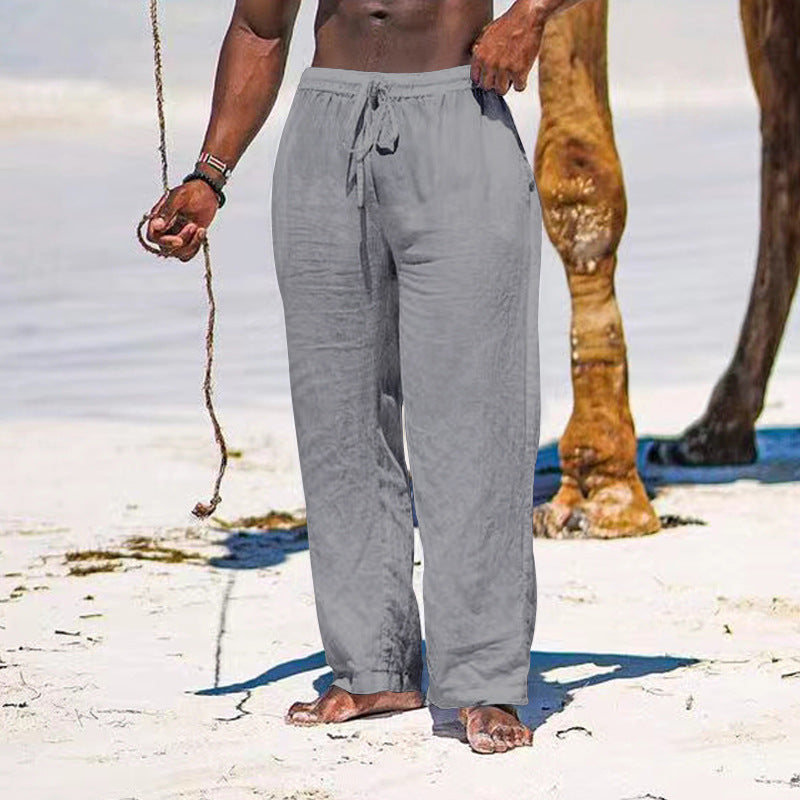 Herren lässige Strandhose aus leichtem Leinenstoff mit elastischem Bund und Kordelzug R&B