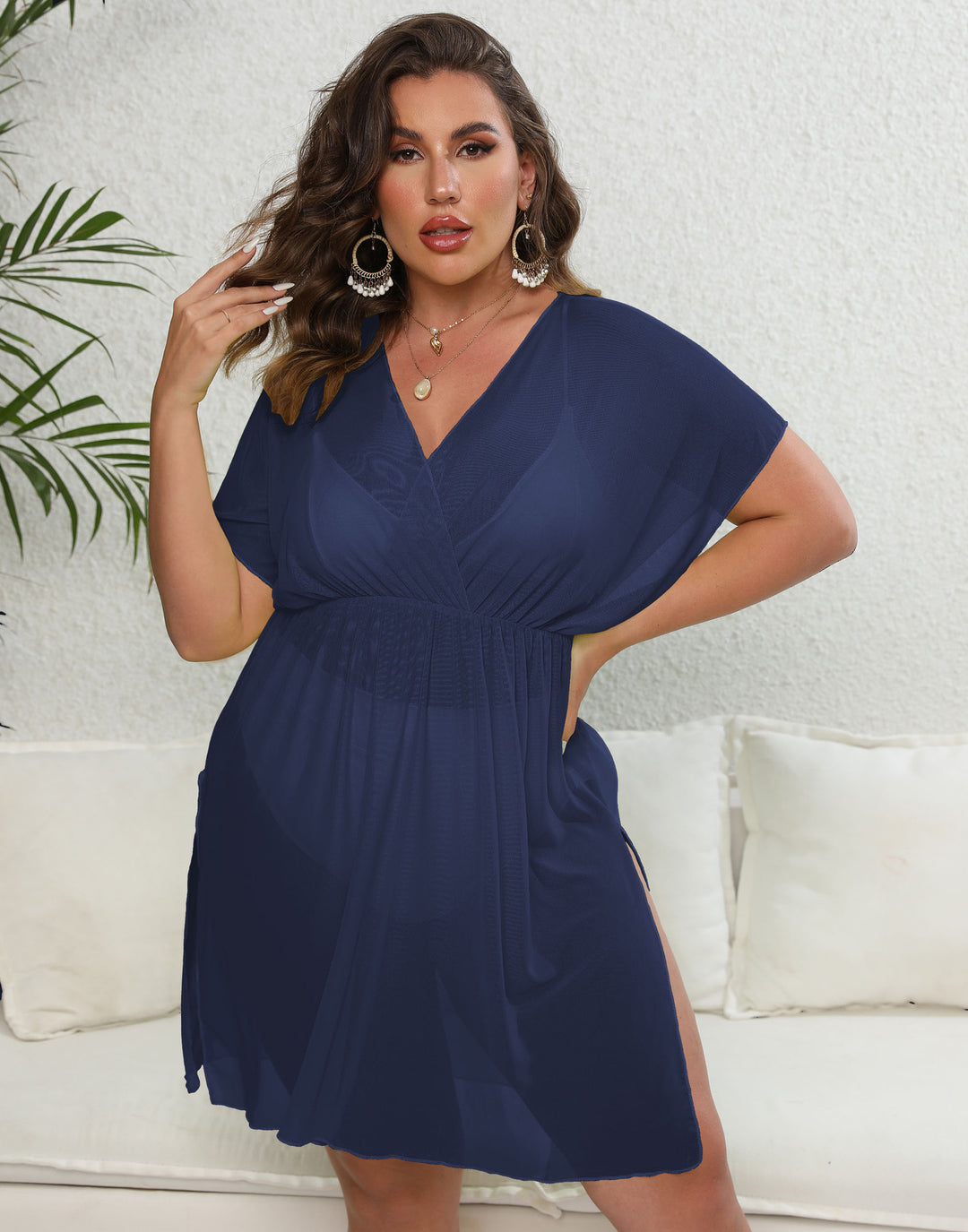 Damen luftiges Strandkleid mit V-Ausschnitt und breiten Ärmeln R&B