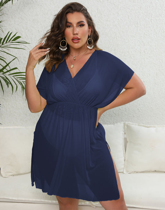 Damen luftiges Strandkleid mit V-Ausschnitt und breiten Ärmeln R&B