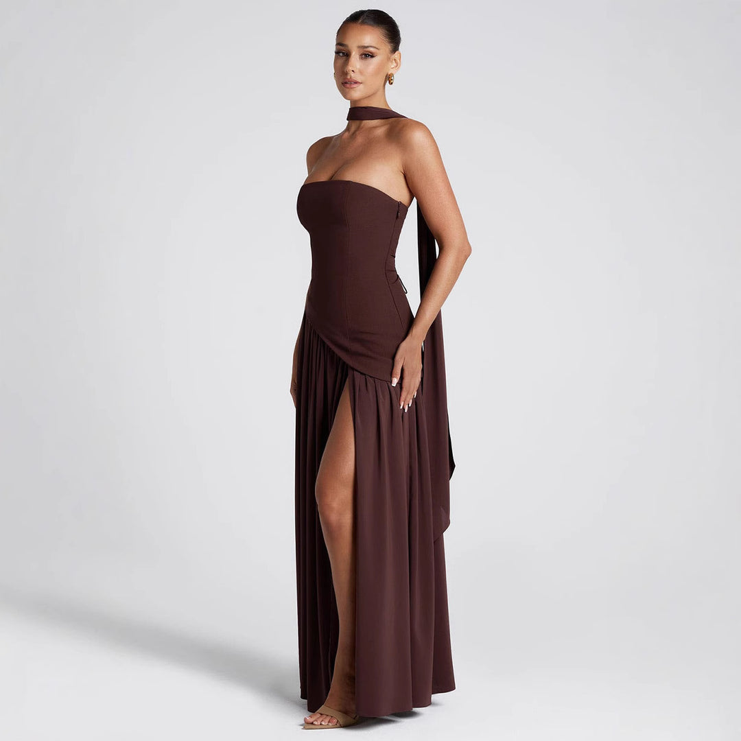 Damen Maxikleid mit schulterfreiem Design und dekorativem Wickelausschnitt R&B