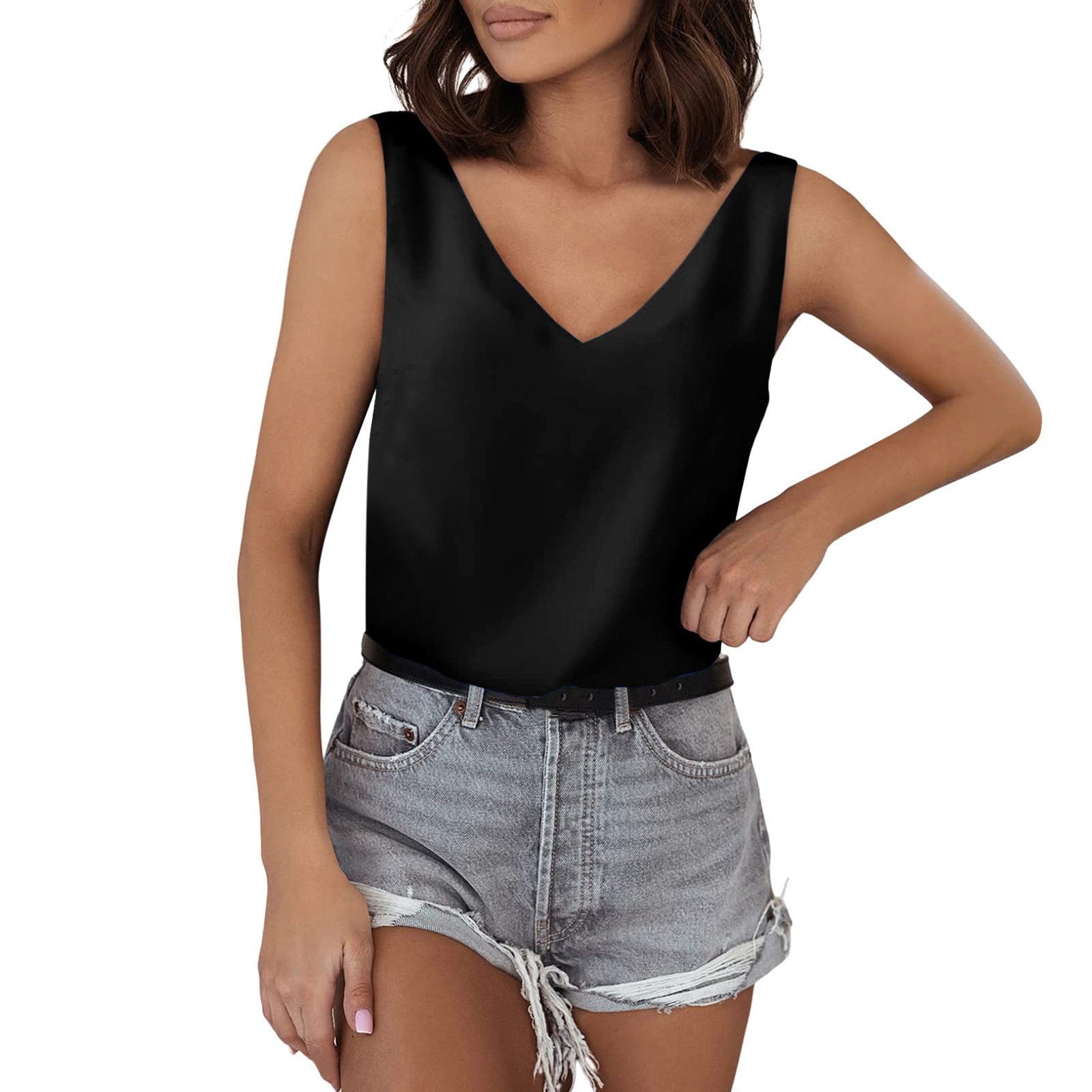 Damen Ärmelloses V-Ausschnitt Top Aus Hochwertigem Material Heidi-Mode