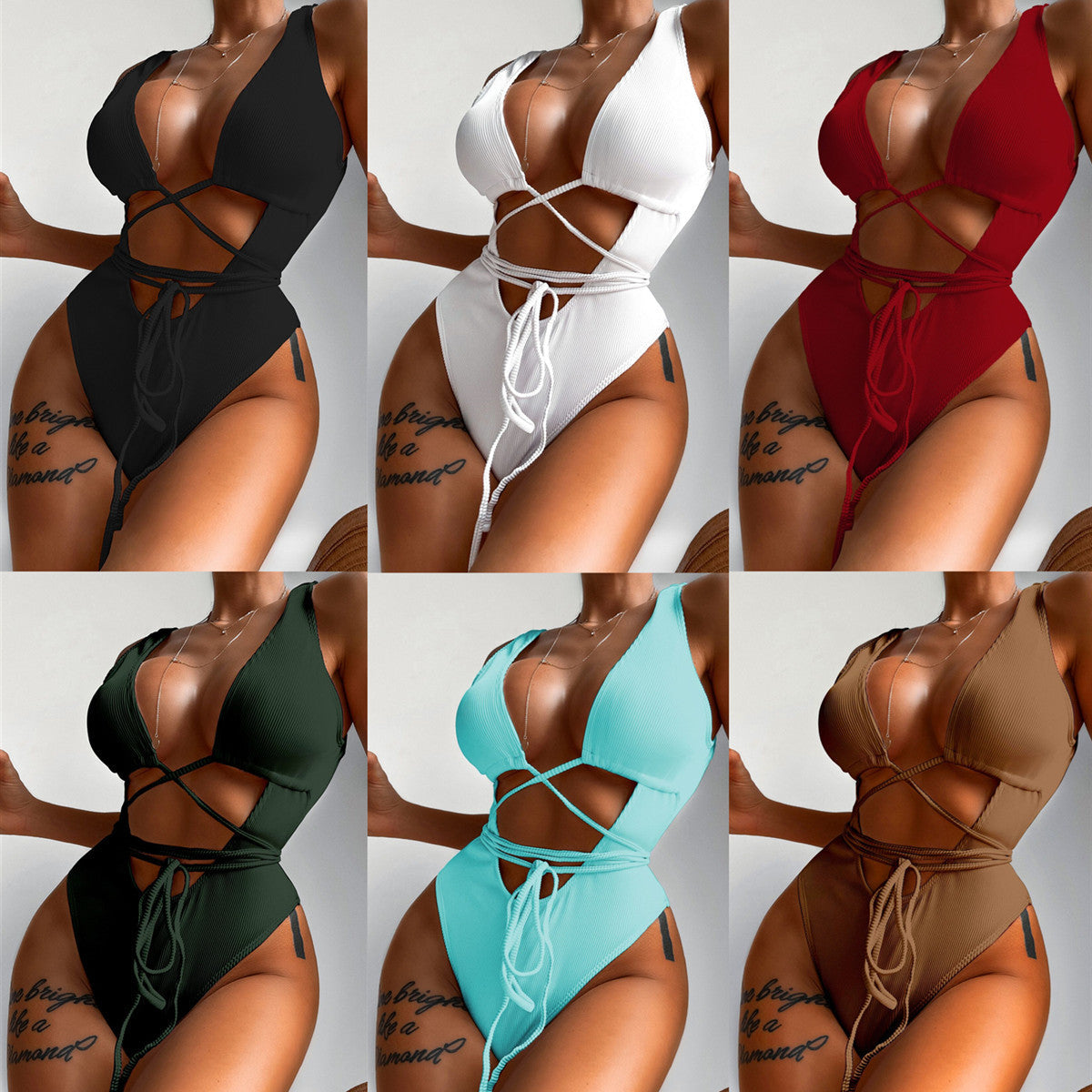 Damen Cut-Out Badeanzug mit tiefem V-Ausschnitt und raffinierten Schnürungen