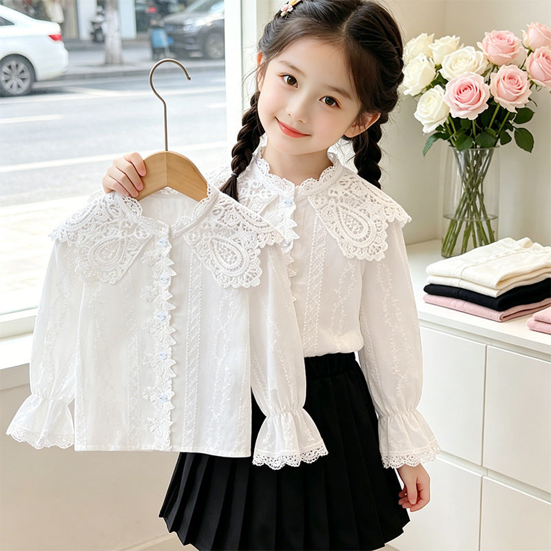 Mädchen elegante Bluse mit Rüschenkragen und Spitzenakzenten R&B