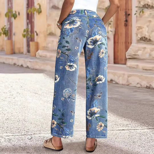 Damen Weit geschnittene Jeans mit floralem Druck und hohem Bund R&B