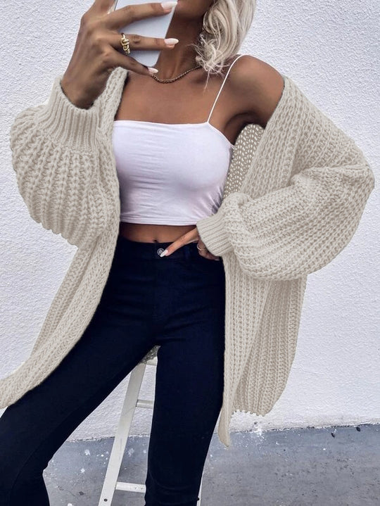 Damen Grobstrick-Cardigan mit voluminösen Ärmeln und offener Vorderseite R&B