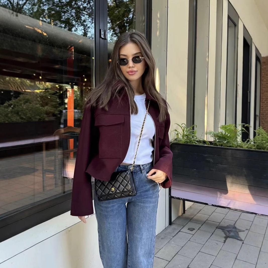 Damen lässige Wolljacke mit praktischen Brusttaschen und hochwertigem Reißverschluss R&B