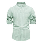 Herren gestreiftes Hemd im modischen Henley-Stil mit Brusttasche und rollbaren Ärmeln