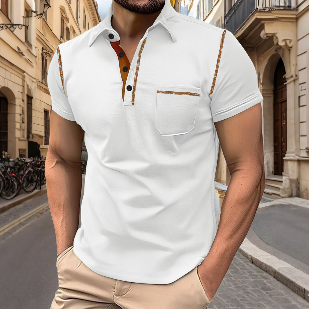 Herren nan Kurzarm-Polo mit Brusttasche, kontrastierender Steppnaht und Hemdkragen R&B