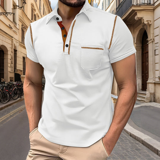 Herren nan Kurzarm-Polo mit Brusttasche, kontrastierender Steppnaht und Hemdkragen R&B