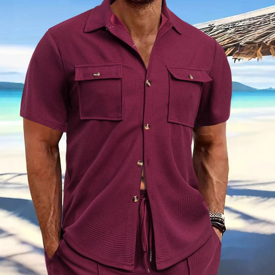 Herren nan strukturiertes Waffel-Lounge-Set mit Hemdjacke, Brustklappen und Kordelhose R&B