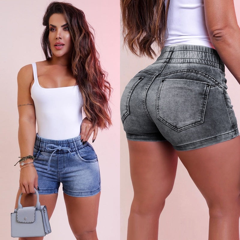 Damen Jeansshorts mit elastischem Bund und Kordelzug R&B