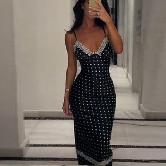 Damen Satin Nachthemd mit Spitzenapplikationen und Polka-Dots R&B