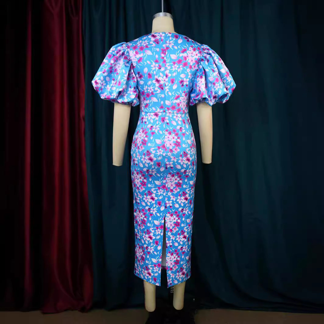 Damen Elegantes Kleid mit voluminösen Puffärmeln und floralem Muster R&B