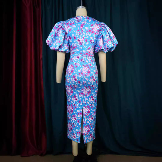 Damen Elegantes Kleid mit voluminösen Puffärmeln und floralem Muster R&B