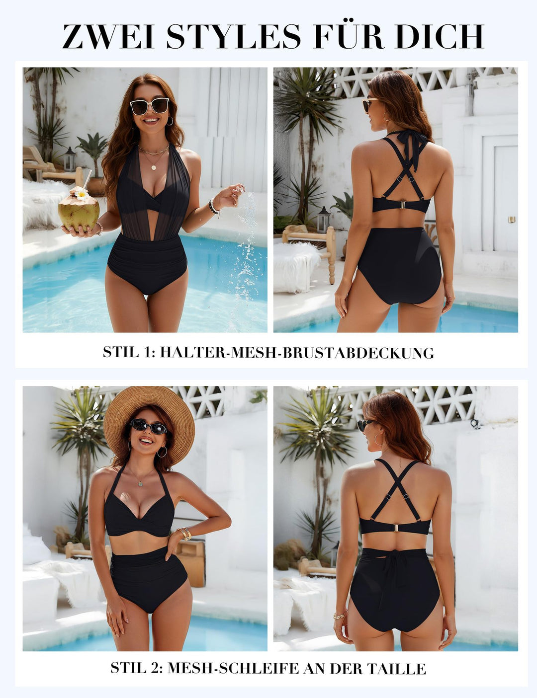 Damen Eleganter Badeanzug mit transparenter Plissee-Optik R&B