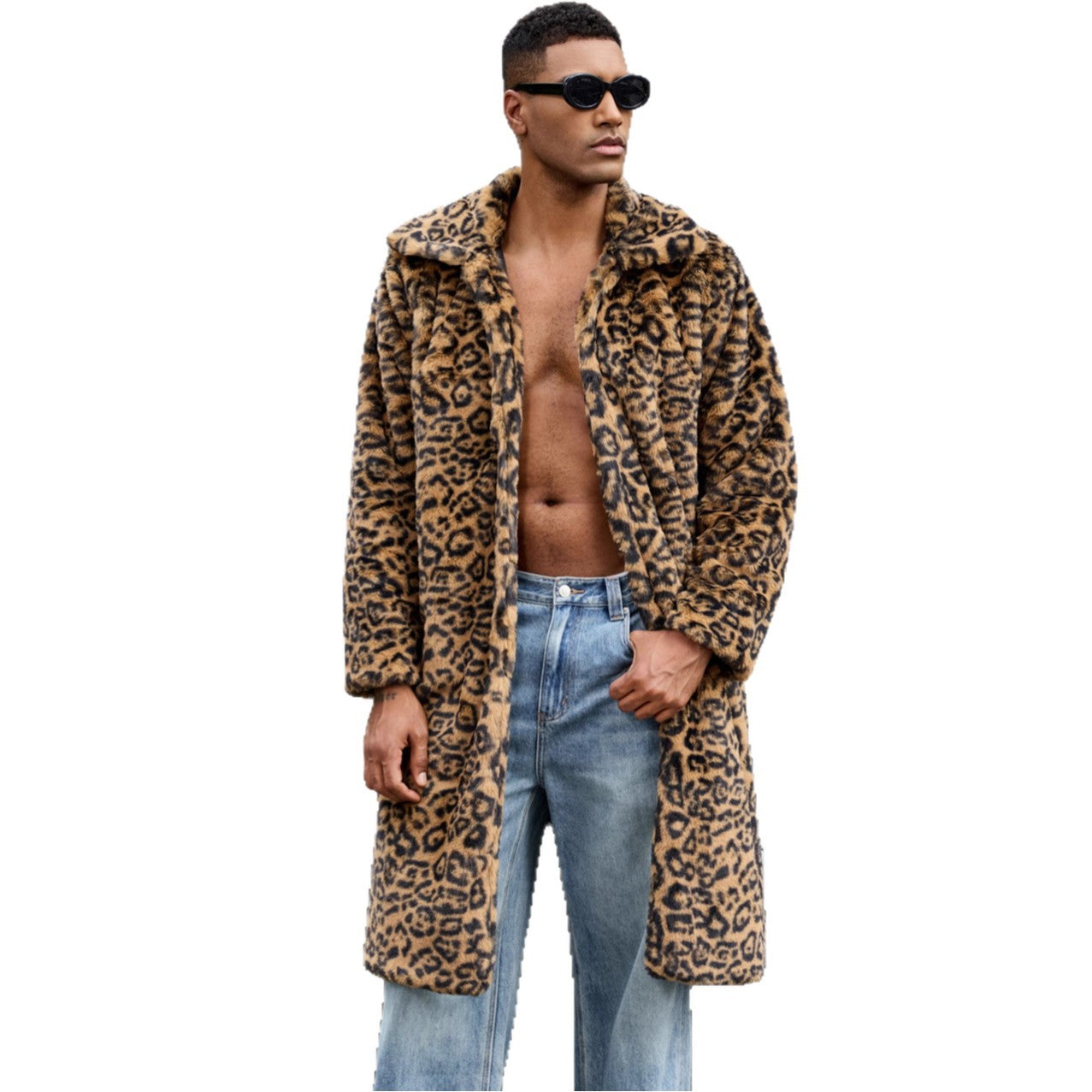 Herren Luxus Kunstpelzmantel mit Leopardenmuster R&B