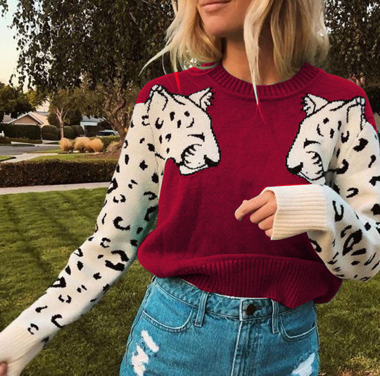 Damen Kuscheliger Pullover mit lebhaftem Tiermotiv und kontrastierenden Ärmeln R&B