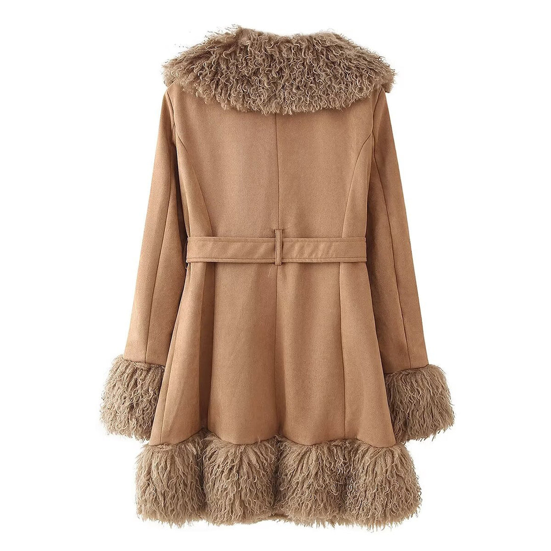 Damen Elegante Teddyjacke mit Taillengürtel und voluminösem Kragen R&B