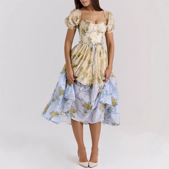 Damen Midi-Kleid mit verspielt floralen Details und Puffärmeln R&B