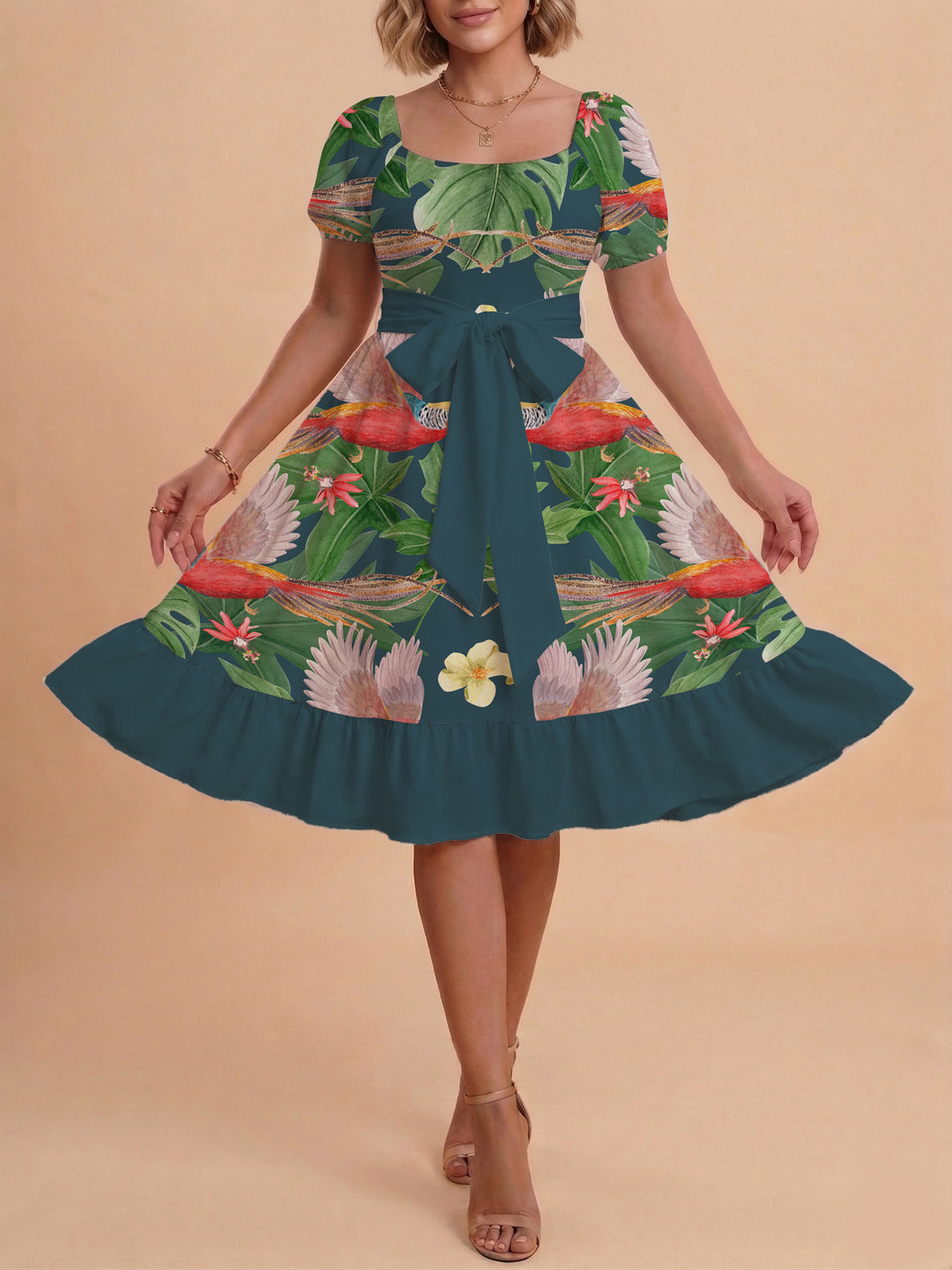 Damen Blumenkleid mit taillierbarem Gürtel und voluminösen Ärmeln R&B