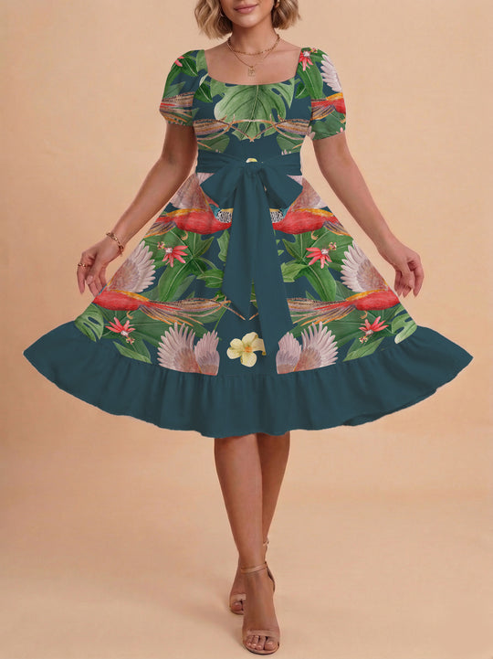 Damen Blumenkleid mit taillierbarem Gürtel und voluminösen Ärmeln R&B