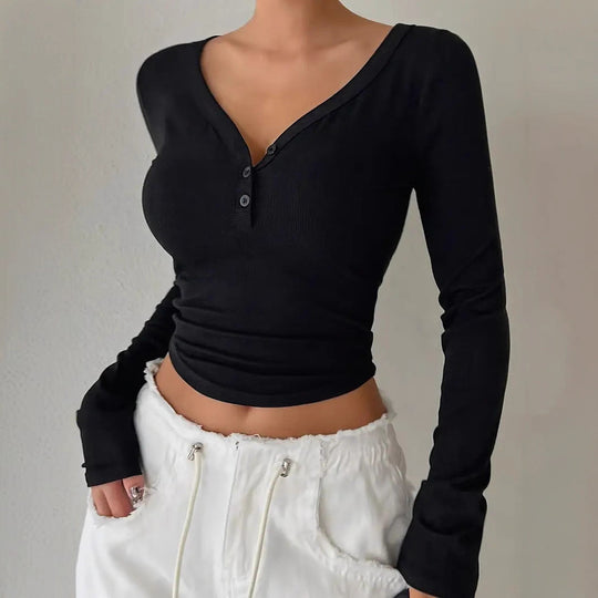 Damen figurbetontes langärmeliges Shirt mit V-Ausschnitt und Knopfleiste R&B