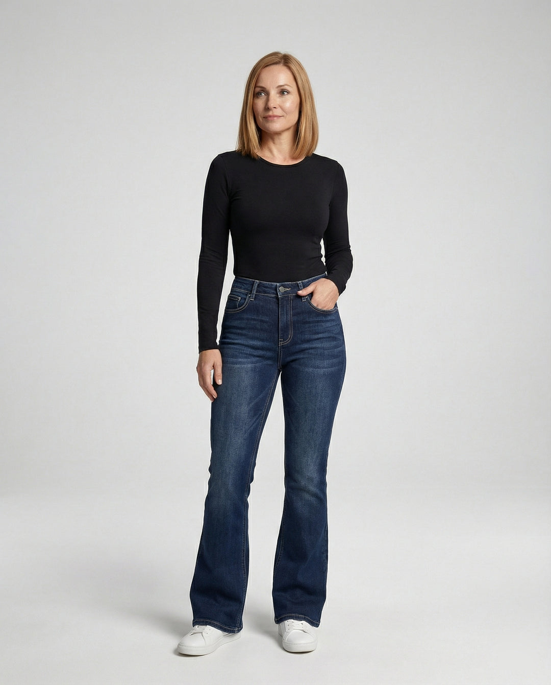 Damen High Waist Stretchjeans mit Flare Bein