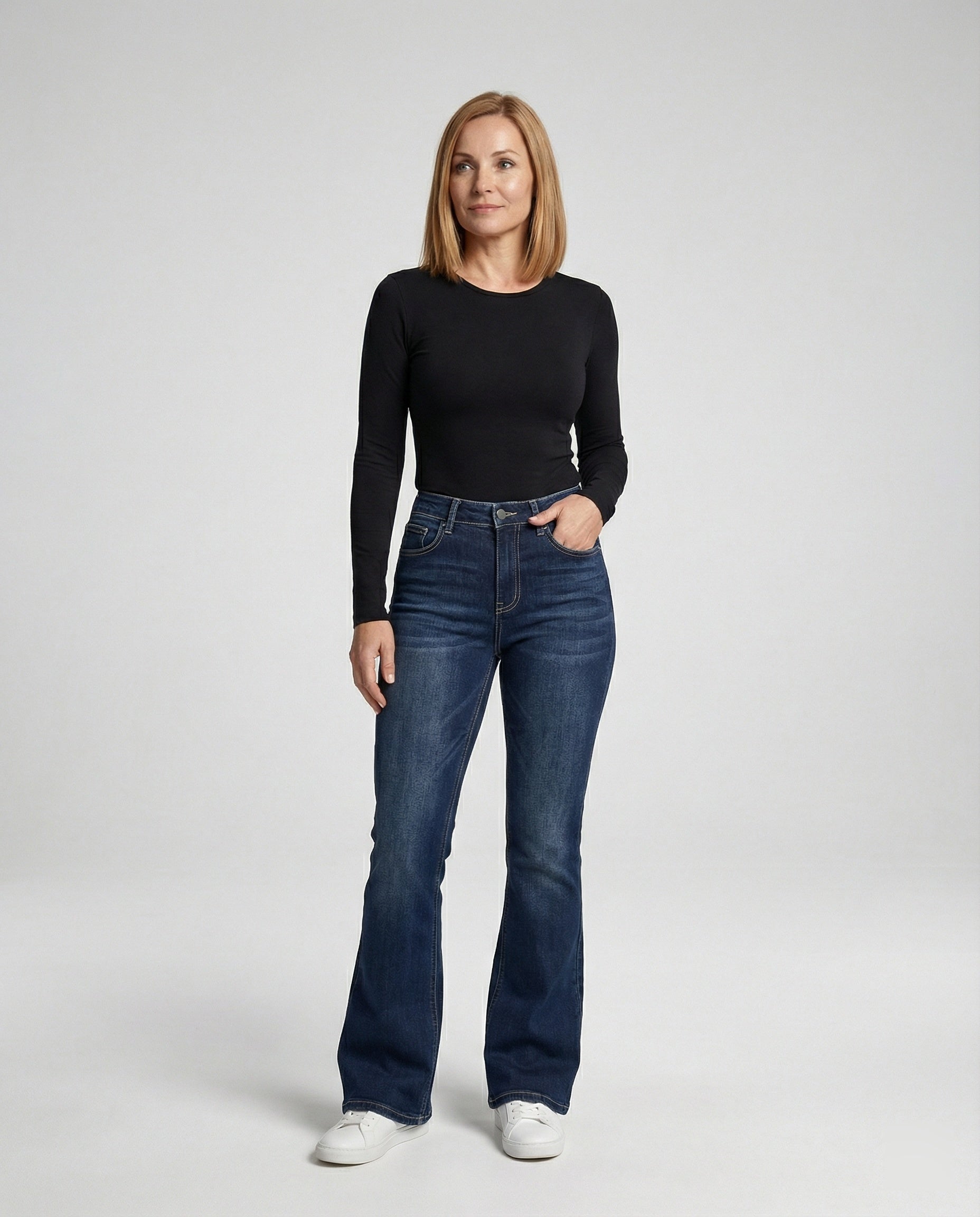 Damen High Waist Stretchjeans mit Flare Bein