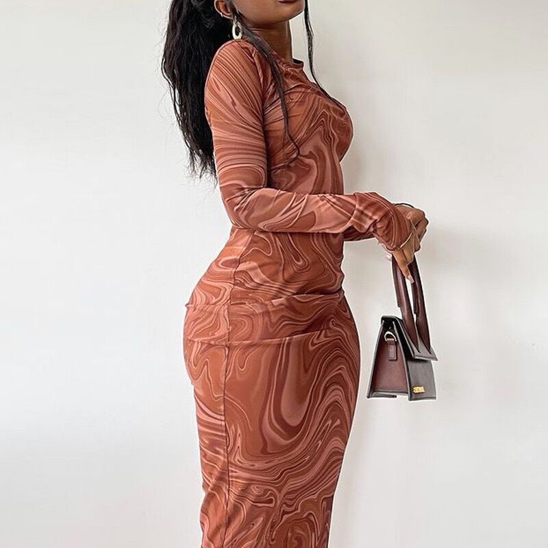 Damen Elegantes Langarmkleid mit modernem Marmormuster R&B