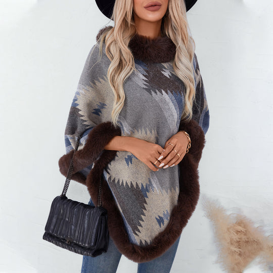 Damen Kuschelpullover mit hochwertigem Kunstfellbesatz und geometrischem Muster R&B