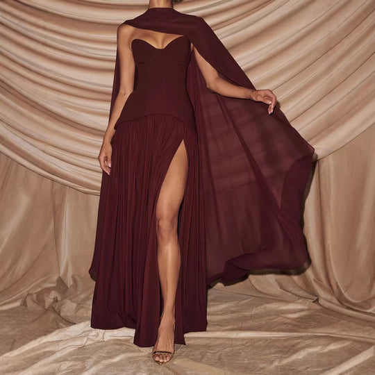 Damen Elegantes Maxikleid mit Abnehmbarem Cape R&B