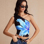 Damen Crop-Top mit asymmetrischem Ausschnitt und floralen Akzenten R&B