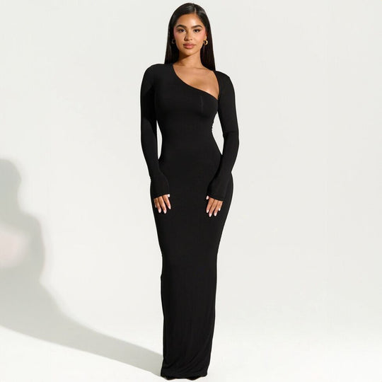 Damen elegantes Wickel-Maxi-Kleid mit asymmetrischem Halsausschnitt R&B