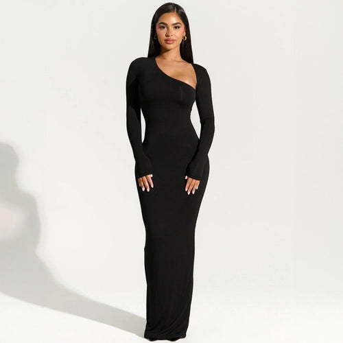 Damen elegantes Wickel-Maxi-Kleid mit asymmetrischem Halsausschnitt R&B
