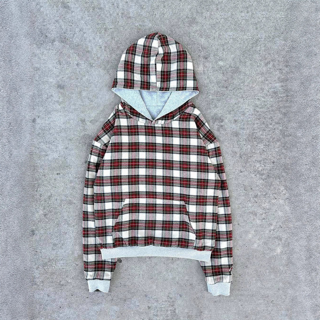 Damen nan kurz geschnittenes Kapuzensweatshirt mit kariertem Flanellfutter und Kängurutasche R&B
