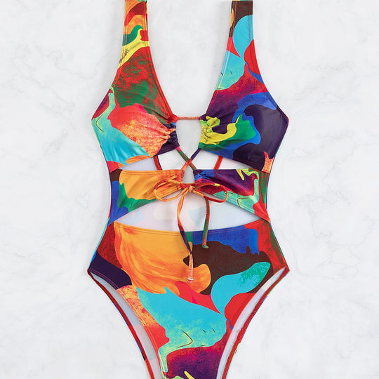 Damen Einteiler Badeanzug mit buntem Cut-Out-Design R&B
