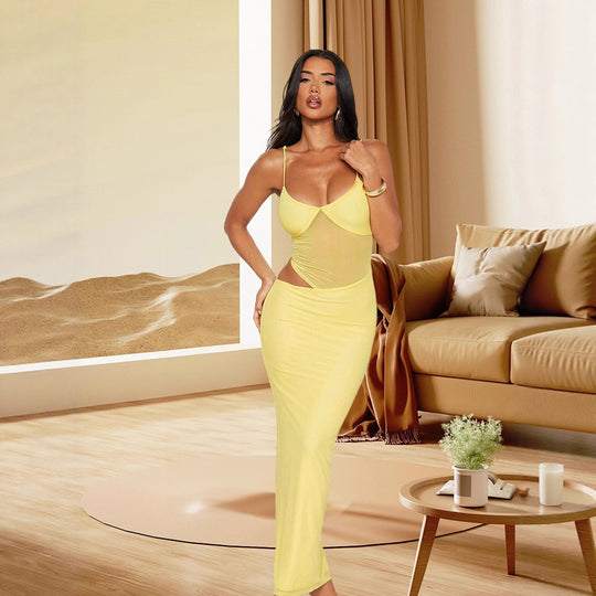 Damen Elegantes Stretch-Maxikleid mit transparenten Einsätzen und spaghetti Trägern R&B