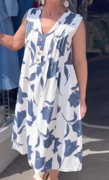 Damen nan ärmelloses A-Linien-Midikleid mit V-Ausschnitt, Brustfalten, Knopfleiste und großem Blumenprint R&B