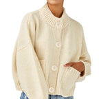Damen Oversize Strickjacke mit Stehkragen und großen Knöpfen R&B