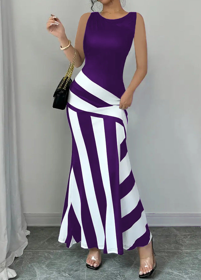 Damen Maxikleid mit stilvollem Wickel-Effekt und diagonalen Streifen R&B