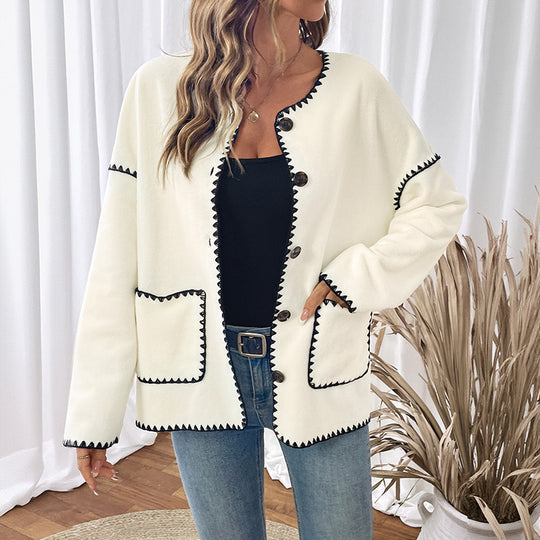 Damen modische Strickjacke mit einzigartigen Kontrastnähten R&B