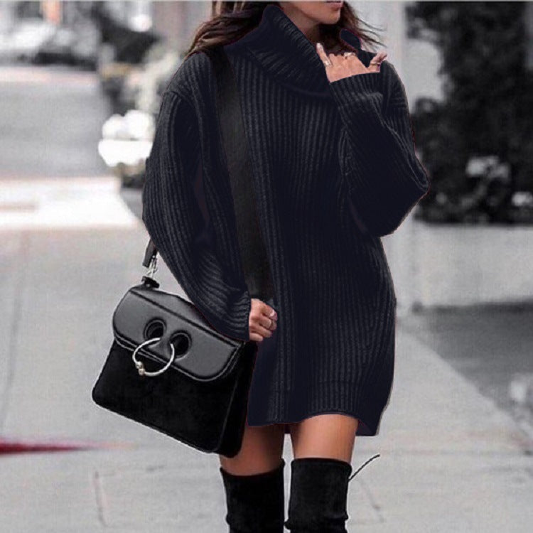 Damen Strickkleid mit hohem Kragen und Rippenstruktur R&B